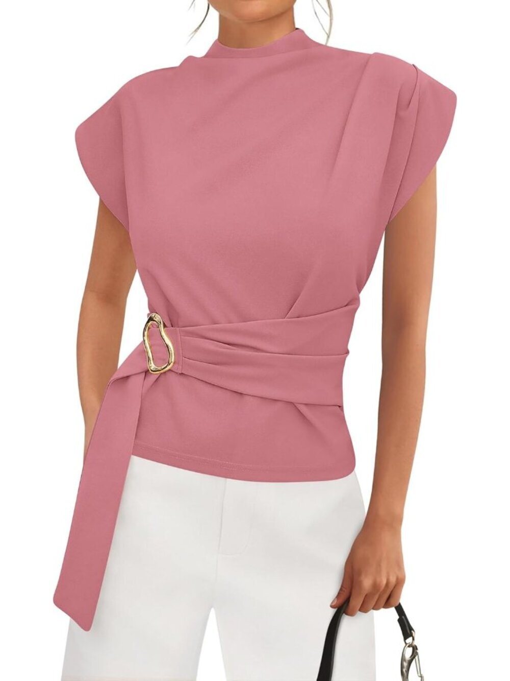 Women's Rose Pink Cap Sleeve Mock Neck Buckle Tunic Imported Casual Top Shirt